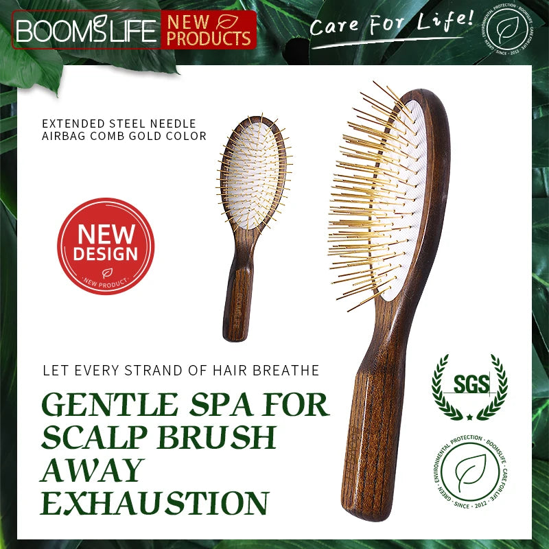 BOOMSLIFE Personalized Logo Metal Needle Wood Hair Brush For Women Hair Detangling Metal Pin Comb Massage Scalp Hair Comb Zpaxo