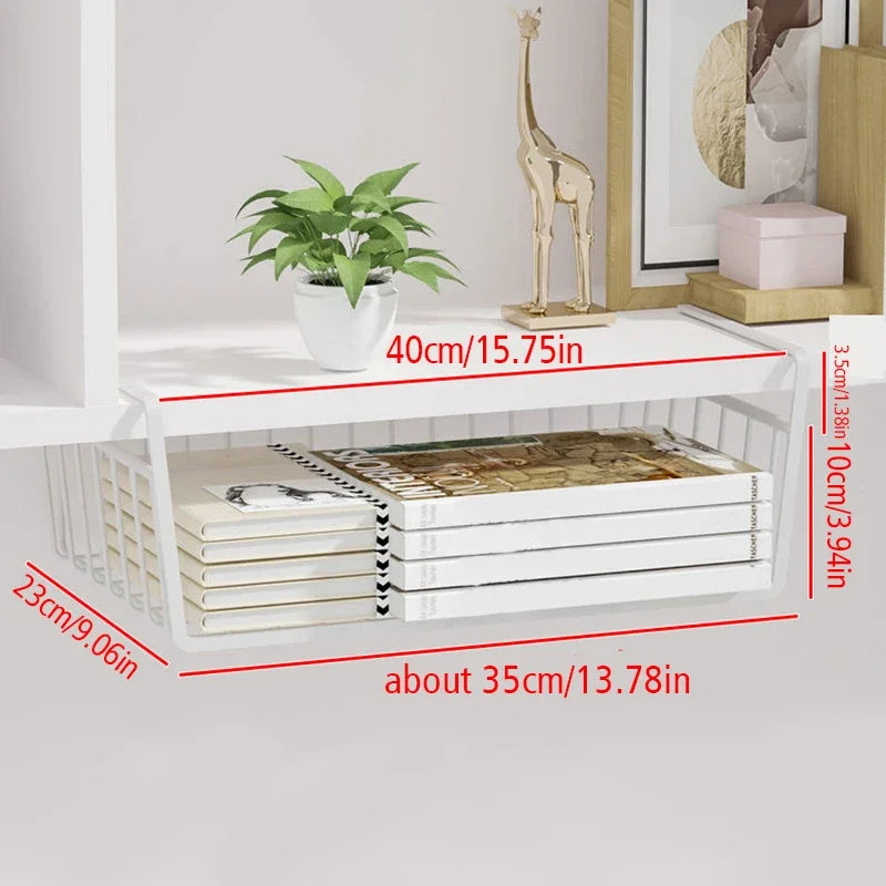 1pcs Portable Metal Iron Kitchen Shelf Under Table Hanging Net Basket Multifunctional Book Storage Rack Home Offices Organizer Zpaxo White L