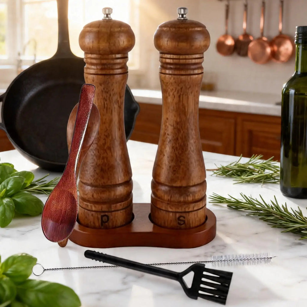 Wooden Salt Pepper Grinder Refillable 1 Spoon 2 Cleaning Brushes