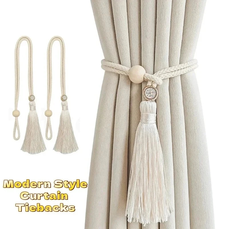 Boho Decorative Curtain Tiebacks Long Tassel Rhinestone Adjustable