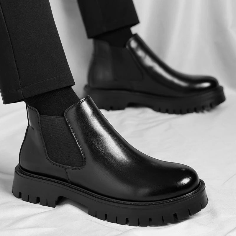 Mens Black Glossy Leather Chelsea Boots Elastic Gores Slip Chunky Zpaxo
