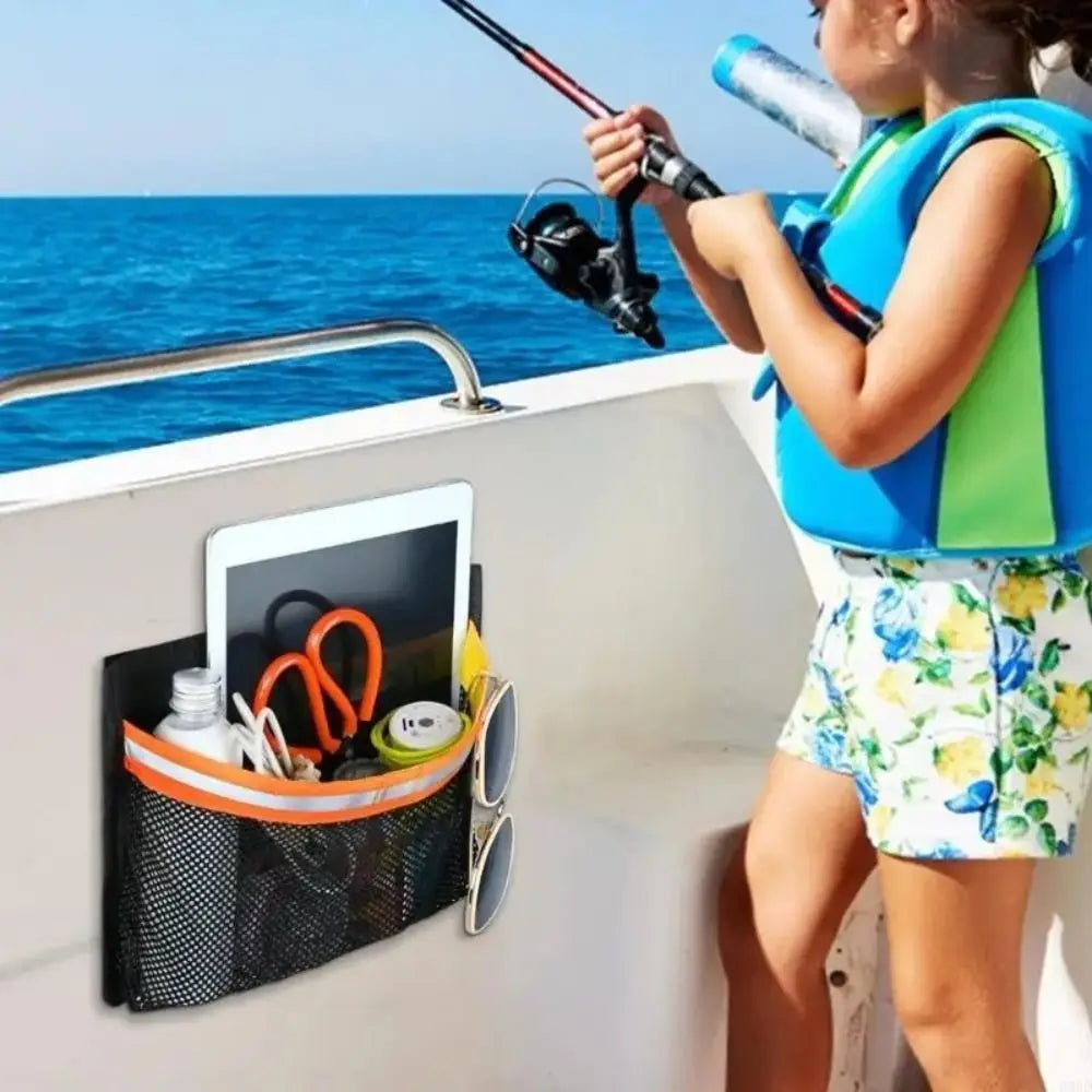 Portable Boat Storage Mesh Bag Removable Easy to Install Marine Organizers with Reflective Strips Multi-Purpose Zpaxo