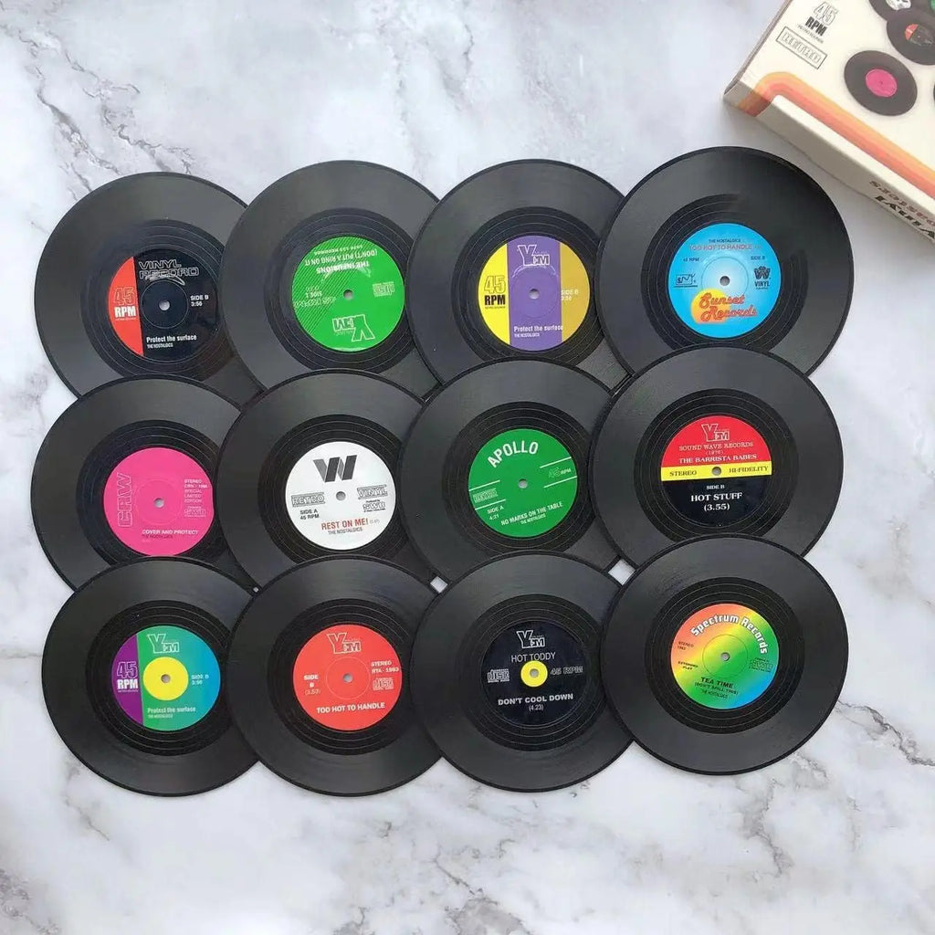 12-Pack Vinyl Record Coasters – Non-Slip Retro Music Cup Mats