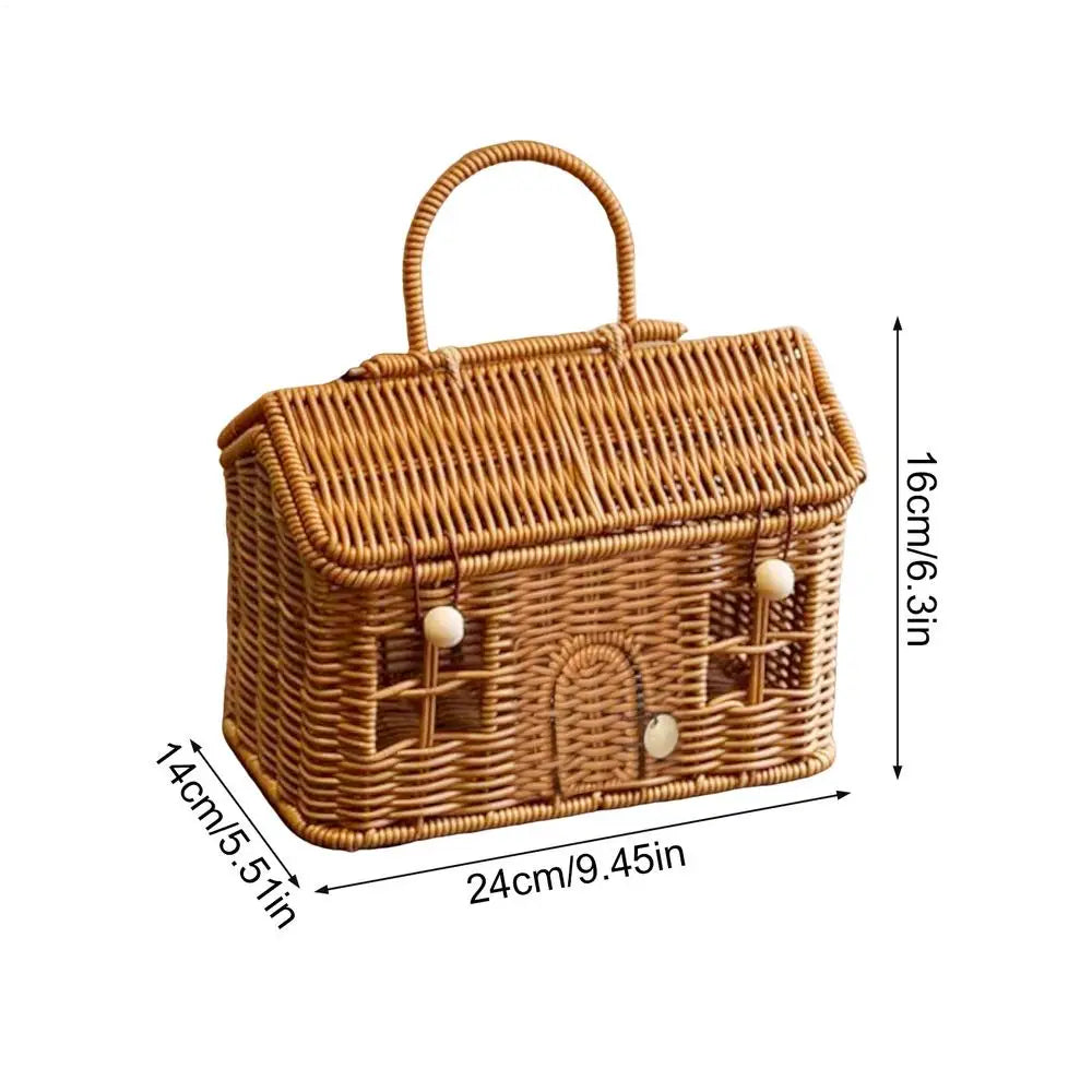 Rattan Storage Basket House Shape Lid Organizer Box Home Closet