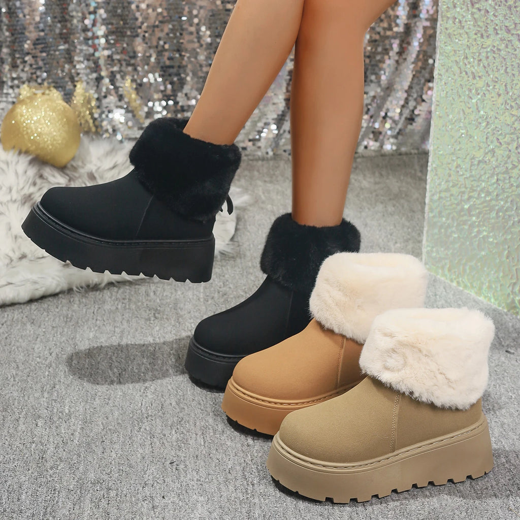 2026 New Women Faux Fur Lined Short Snow Boots Warm Large Size Rubber Uppers Boots Thick Bottom Comfortable Cotton Shoes Women Zpaxo