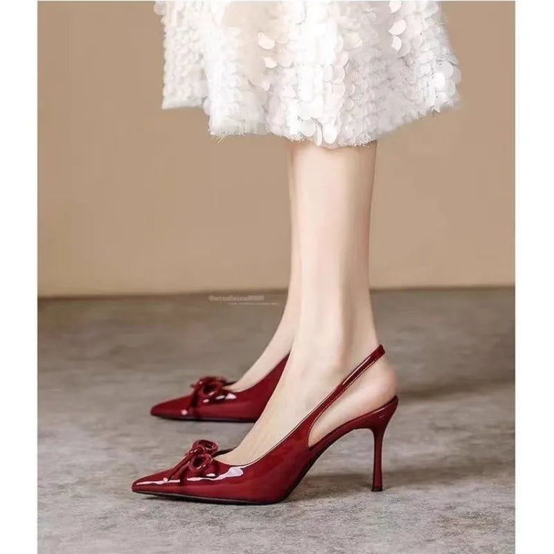 Fashion Women's High Heels Sandals Red Sexy Bow Ankle Belt Women's Pointed Wedding Party 2025 Prom Women's Shoes Large Size Zpaxo