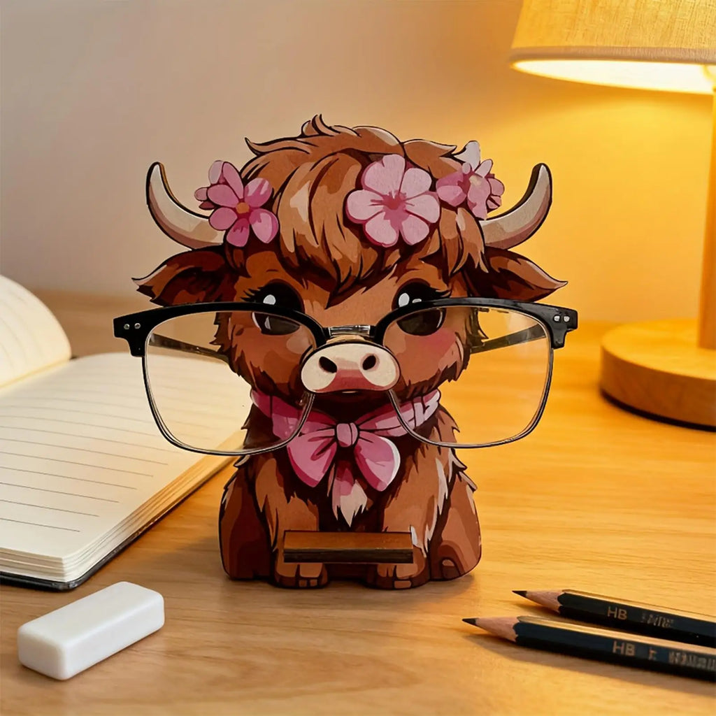 Cow Shape Glasses Holder Organizer Wooden Eyeglasses Stand Desk Decor