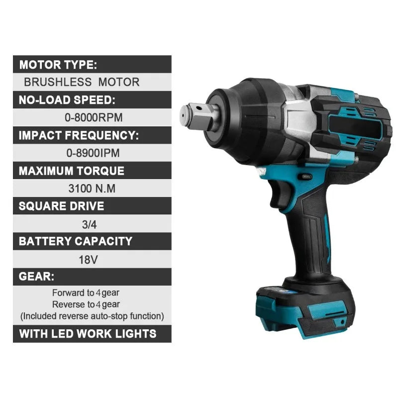 3100N M Torque Brushless Electric Impact Wrench 3 Cordless Power