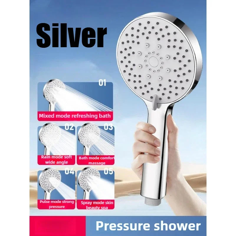 Large Screen Shower Head 5 Mode Portable Shower Accessories Bathroom Supplies Shower Knob Complete Set of Accessories Zpaxo Silver