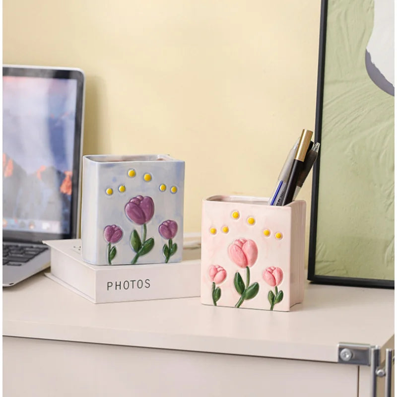 Tulip Ceramic Pen Holder Book-shaped 3D Relief Storage Makeup Brush