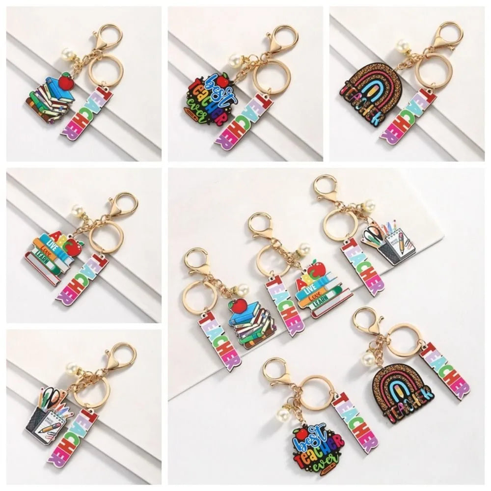 Wooden Teacher's Day Keychain English Letter Geometric Shape Text Keychain Pendant Colorful Rainbow Pen Holder Key Ring Zpaxo