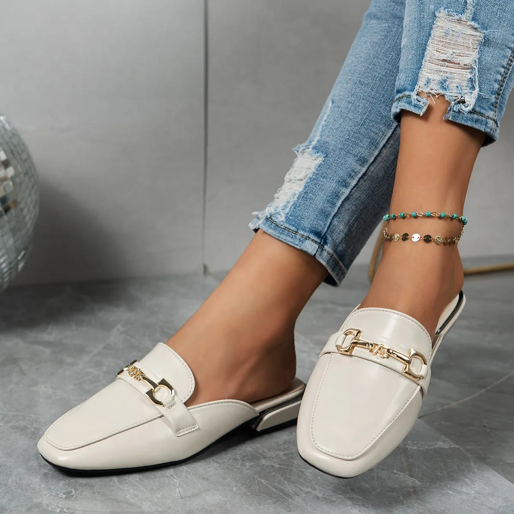 Women Slippers 2025 Beach Big Sandals Fashion Metal Lady Mules Shoes Zpaxo Beige 42