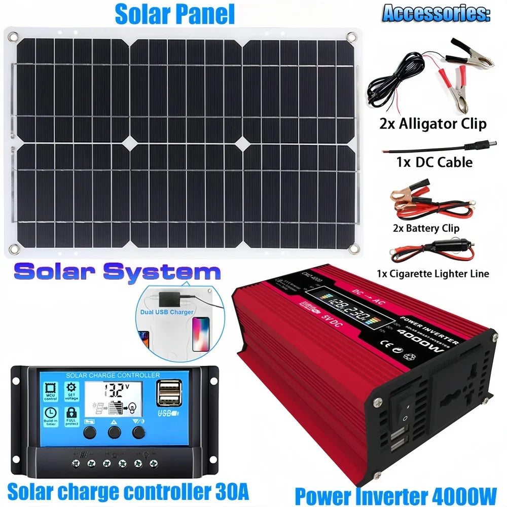 110V/220V 600W Solar Panel 30A Charge Controller 4000W Modified Sine Wave Inverter for Solar Panels Power Generation Zpaxo