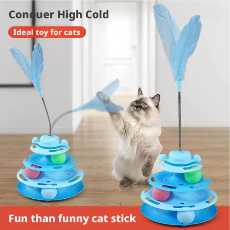 Pattern Feather Cat Toy, Three-layer Rotating Tower with Ball, Indoor Cat Interactive Fun&Christmas, New Year Pet Toys Zpaxo