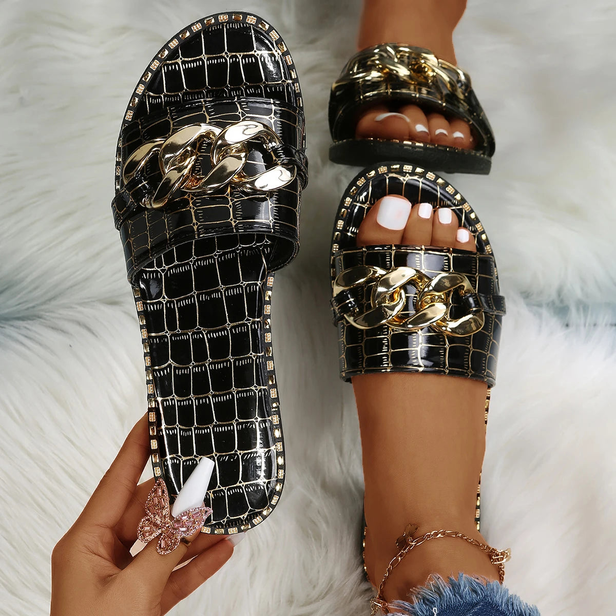 Women Slippers Fashion Sexy Chain Lock Solid Sandals Roman Flat Zpaxo black 37