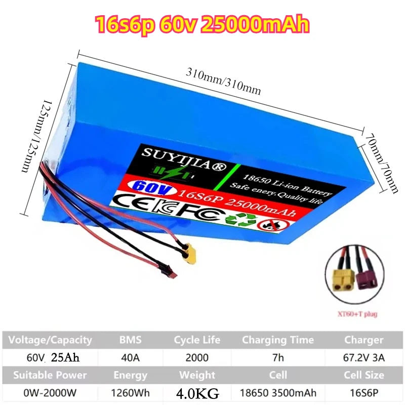 60v 40Ah Lithium Battery Pack 16S4P-16S10P 18650 500-2500W High Power Electric Vehicle Scooter Motorcycle Tricycle 67.2V Charger Zpaxo