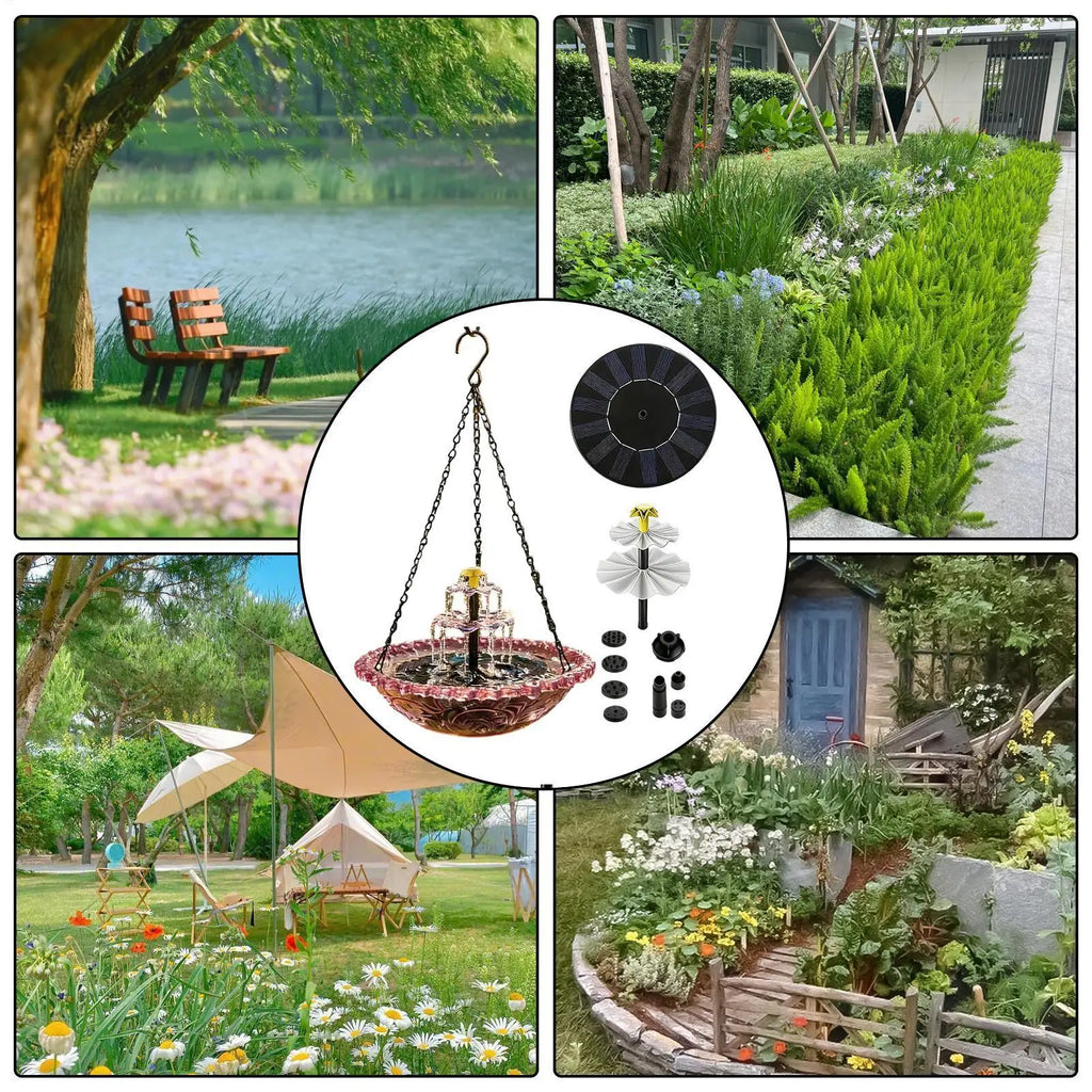 Solar Bird Bath Fountain Pump Sprinkler Glass Bowl Hanging Outdoor