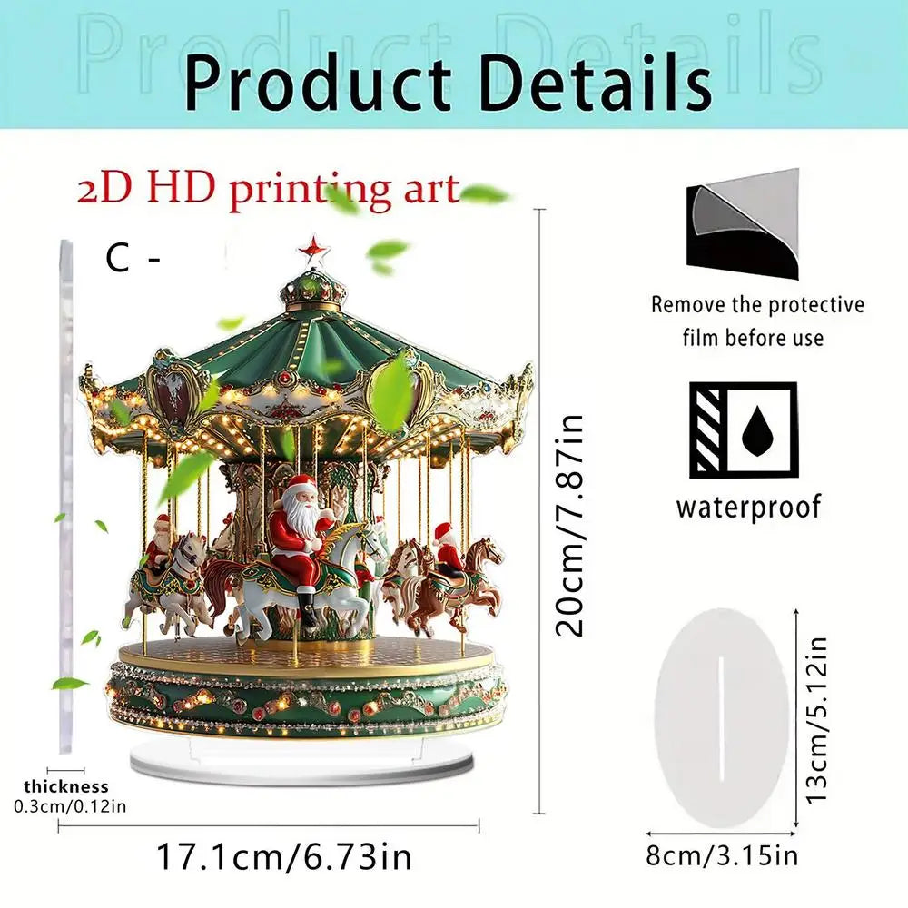 Christmas Carousel Acrylic 2D Home Decor Santa Claus Figurine Merry Christmas Scene Shelf Cafe Office Bar Indoor Decoration