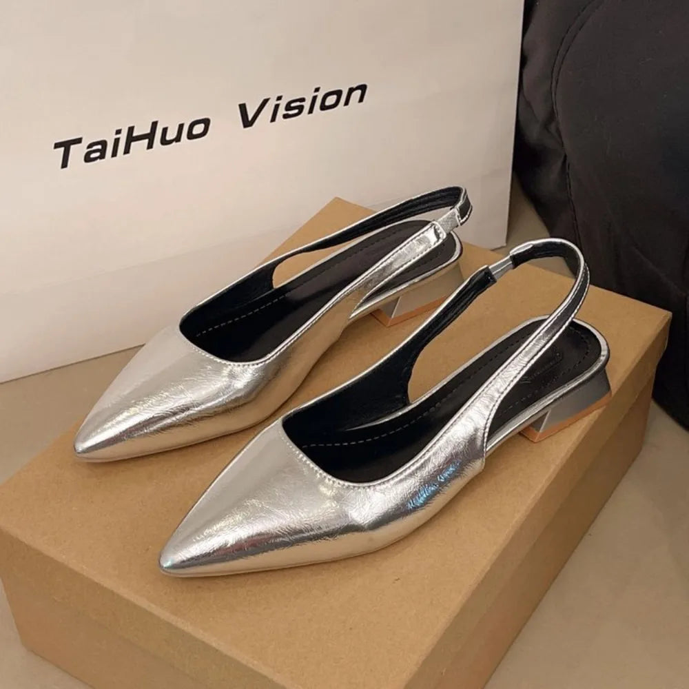 Women's Genuine Leather Pointed Toe Slingback Slip-on Flats Sandals Soft Comfortable Casual Female Summer Daily Footwear Shoes Zpaxo Silver 35