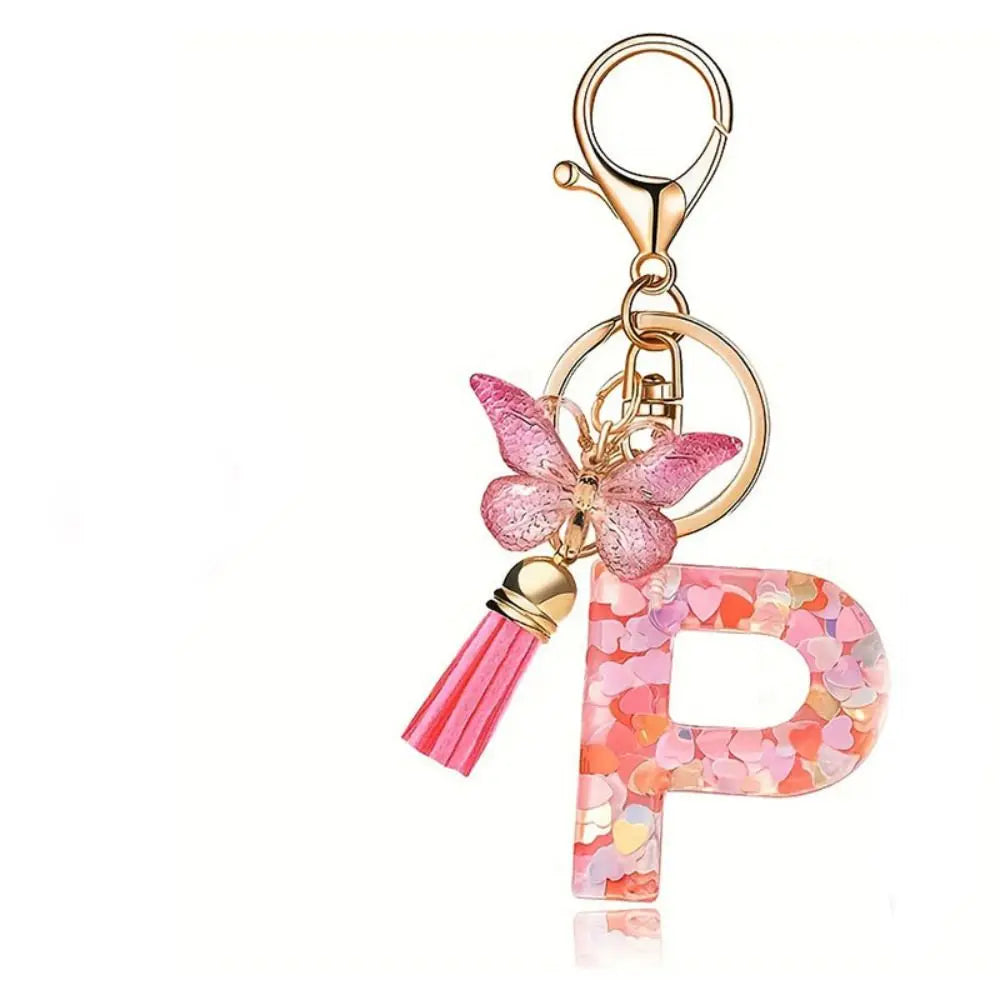 Dreamy 26 Letter Keychain Sequin Alphabet Butterfly Initial Keyring Butterfly Tassel Alphabet Key Chain Handbag DecorWomen Zpaxo Letter P