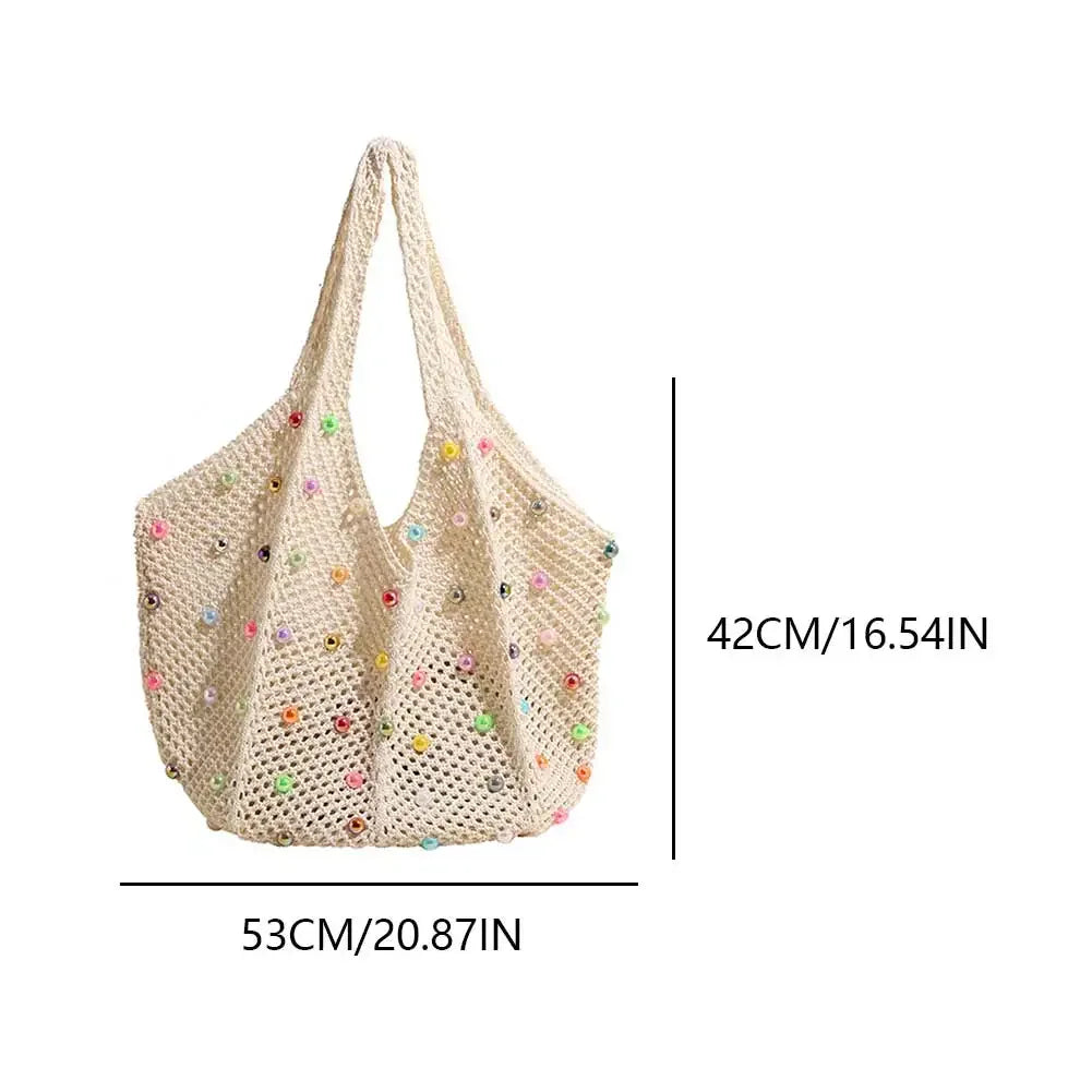 Women Boho Crochet Bag Colored Beads Aesthetic Knit Large Capacity