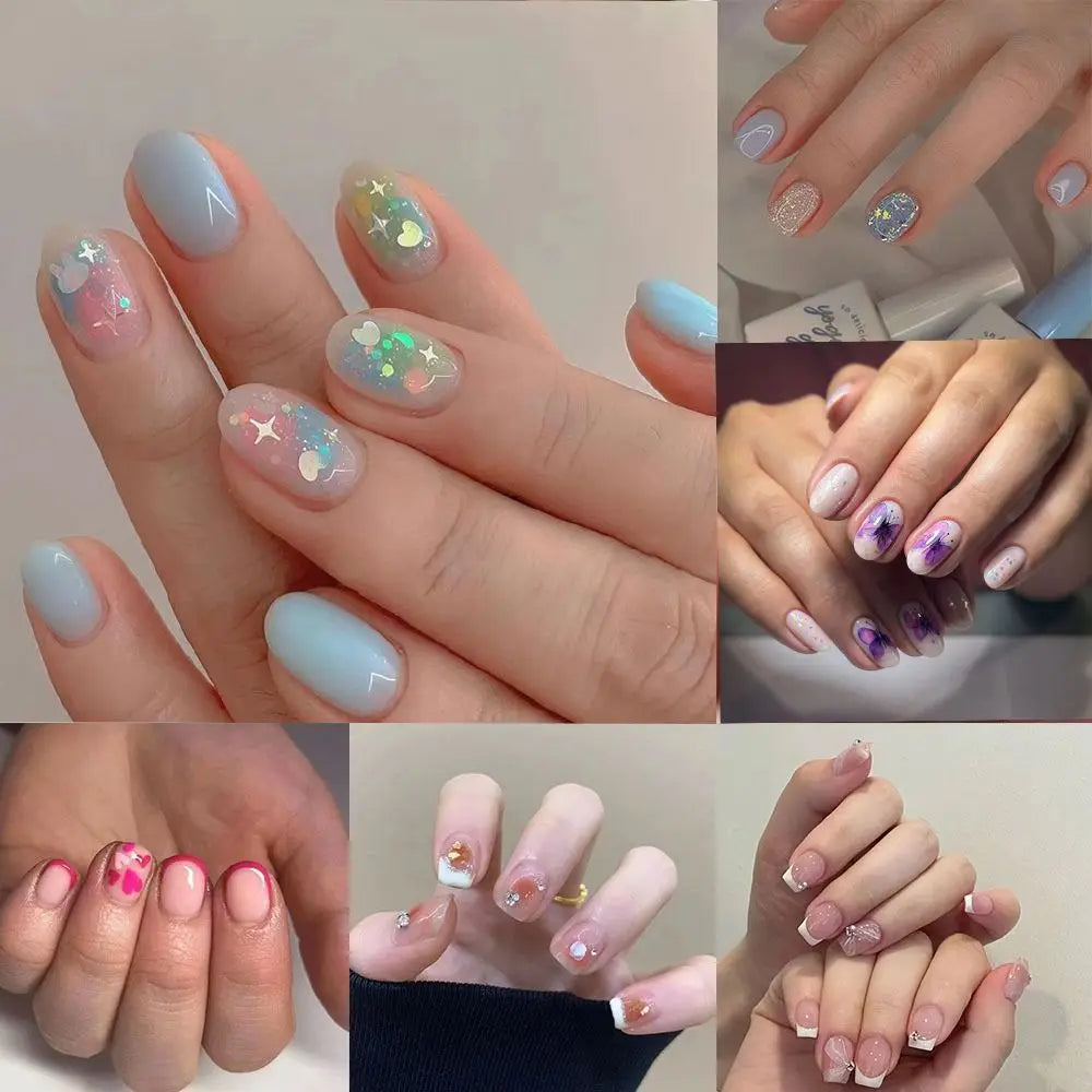 Short Round False Nails French Blue Sparkling Pearl White Wavy Love Zpaxo