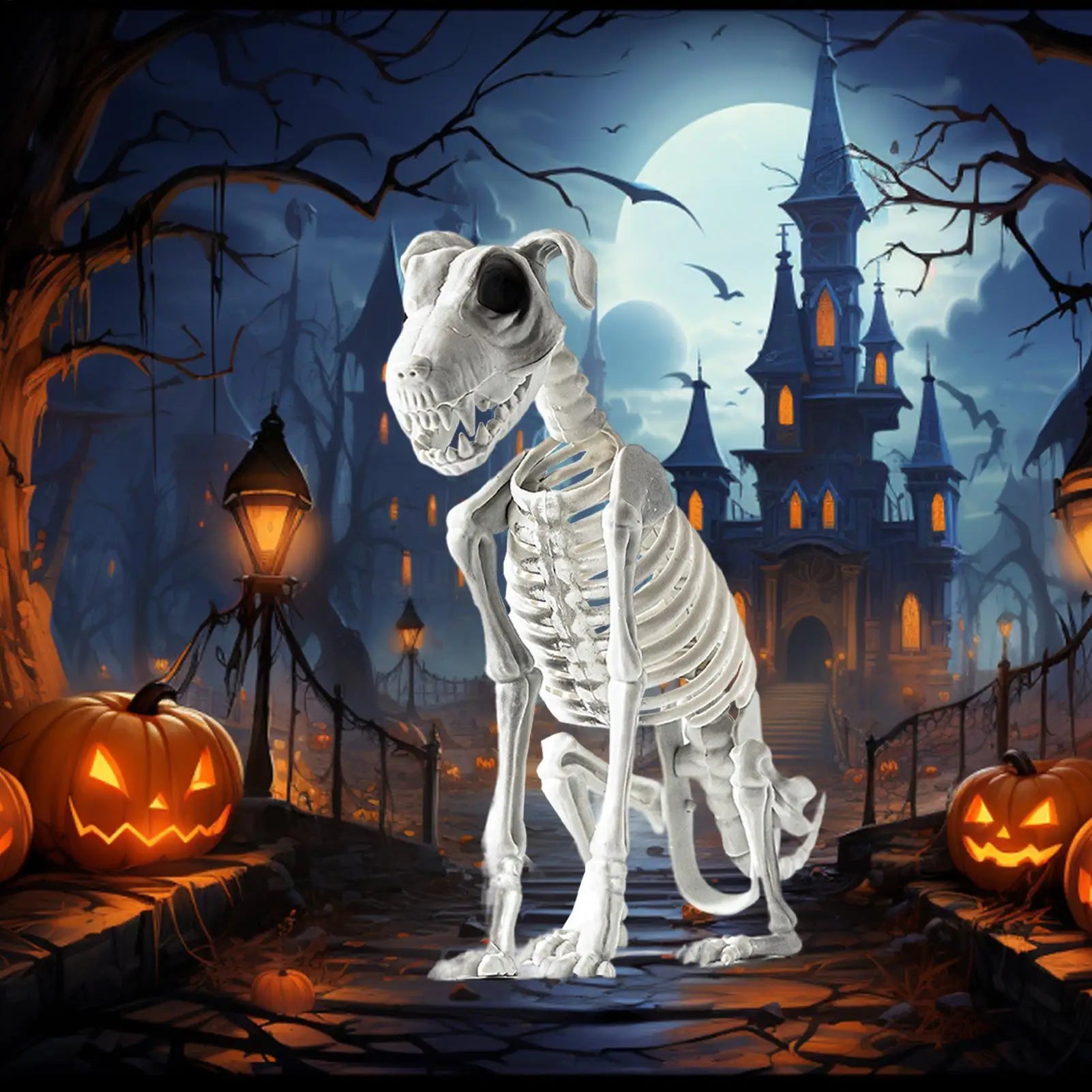 Realistic Halloween Skeleton Dog Scary Sitting Statue Animal Skull