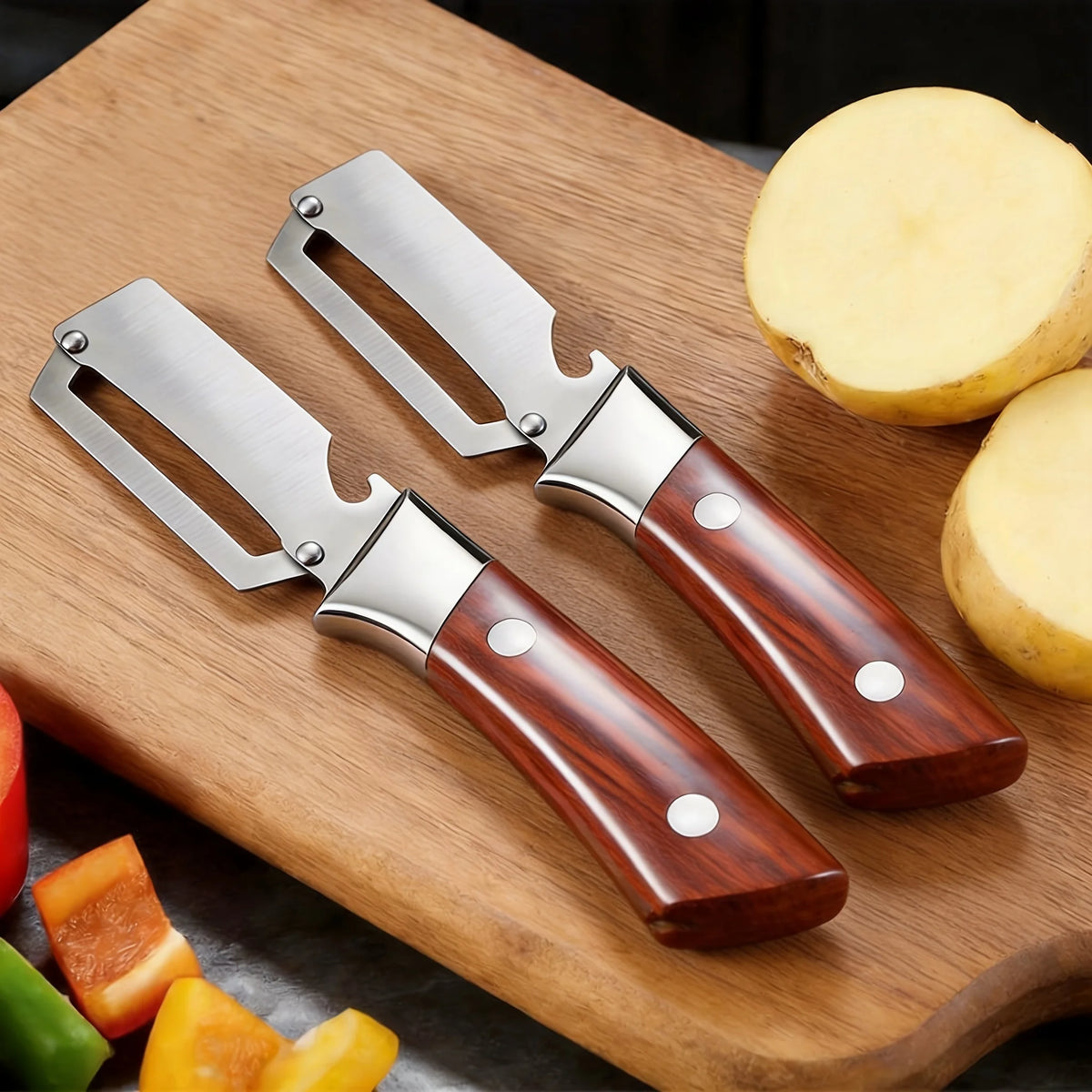 Multifunctional Stainless Steel Vegetable Peeler 2-in-1 Kitchen Tool Zpaxo Wood Color-2pcs