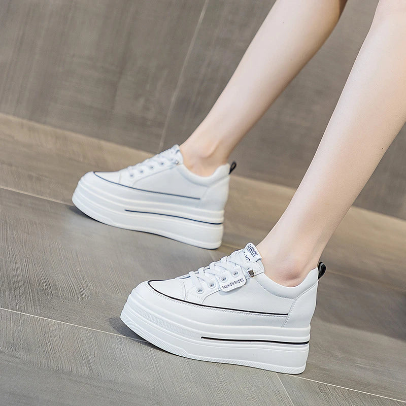 Women White Leather Platform Sneakers Hidden Heel Lift Casual Low Zpaxo