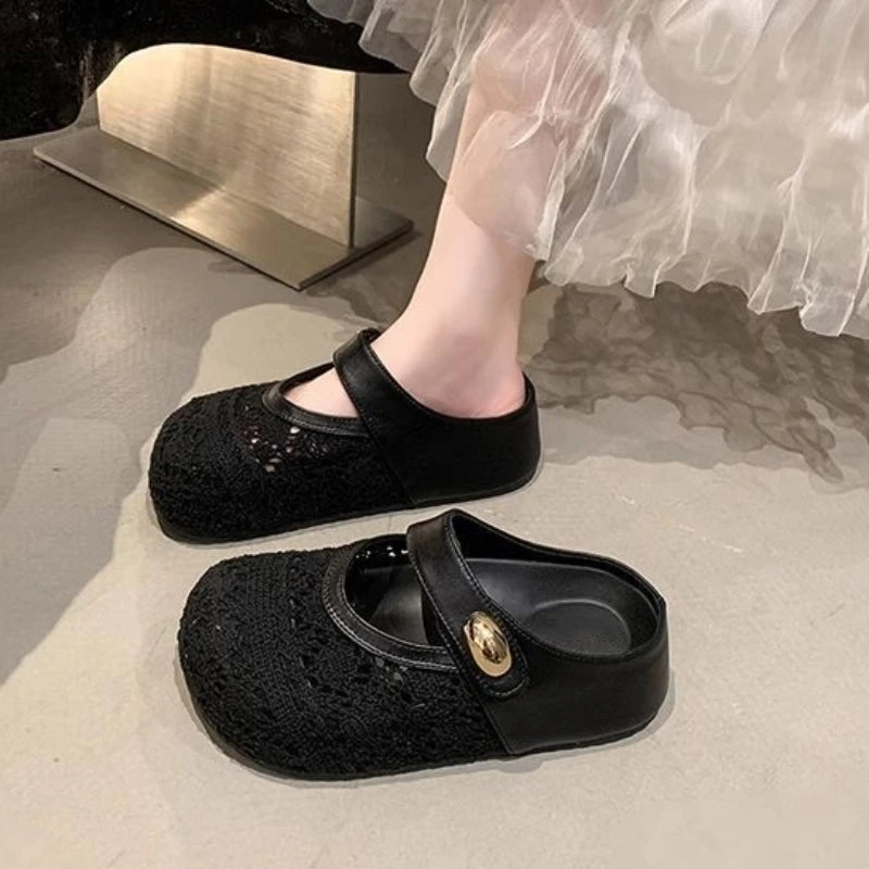 Women's Thick Sole Mesh Fabric Comfortable Solid Metal Buckle Zpaxo black 38