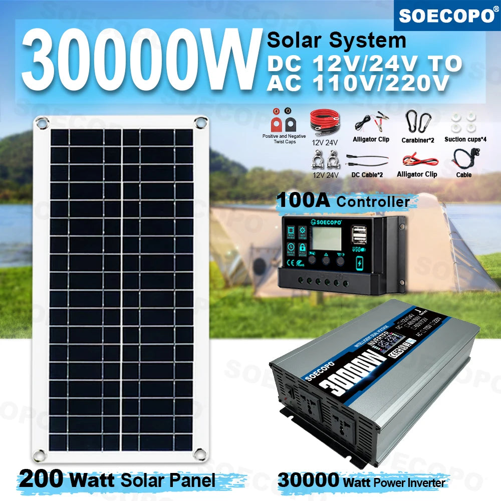 SOECOPO 30000W Solar System Kit Inverter (2 Sockets) Dual Voltage Input 12V/24V To 110V/220V 100A Controller 200W Panel Camping Zpaxo