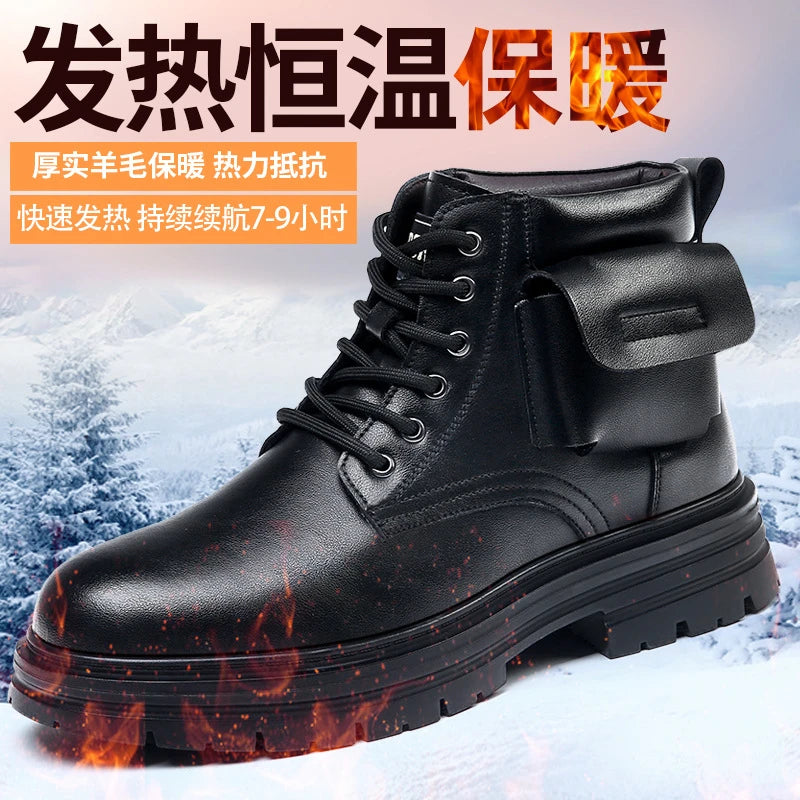 Mens Rechargeable Heated Winter Boots Wool Lined Leather Snow Thick Zpaxo