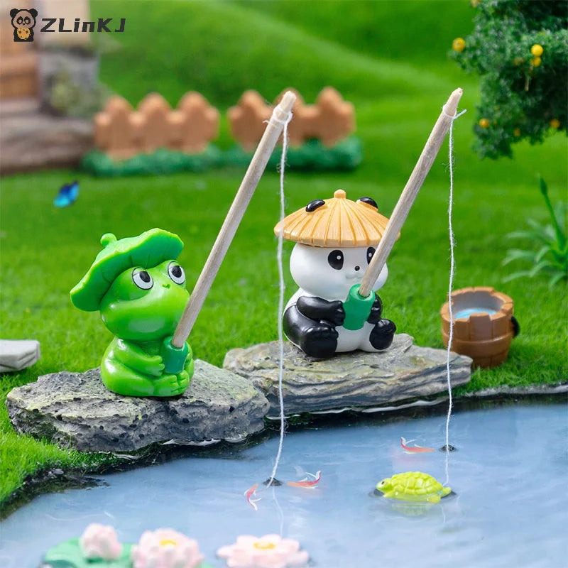 ▶Fishing Frog Panda Figurines Ornament Creative Cartoon Animal Figure Doll Fish Tanks Aquarium Hangable Decor Desktop Decoration Zpaxo