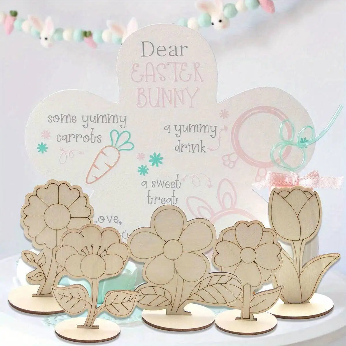 6Pcs/Set Rose/Lily/Sunflower Wooden Ornament Wood DIY Painting Crafts For Spring Happy Easter Party Table Decoration Supply Zpaxo