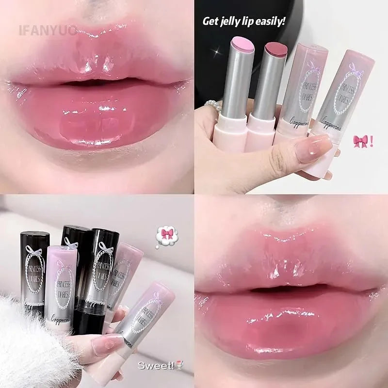 Pink Crystal Mirror Glass Solid Lip Gloss Round Tube Water Light