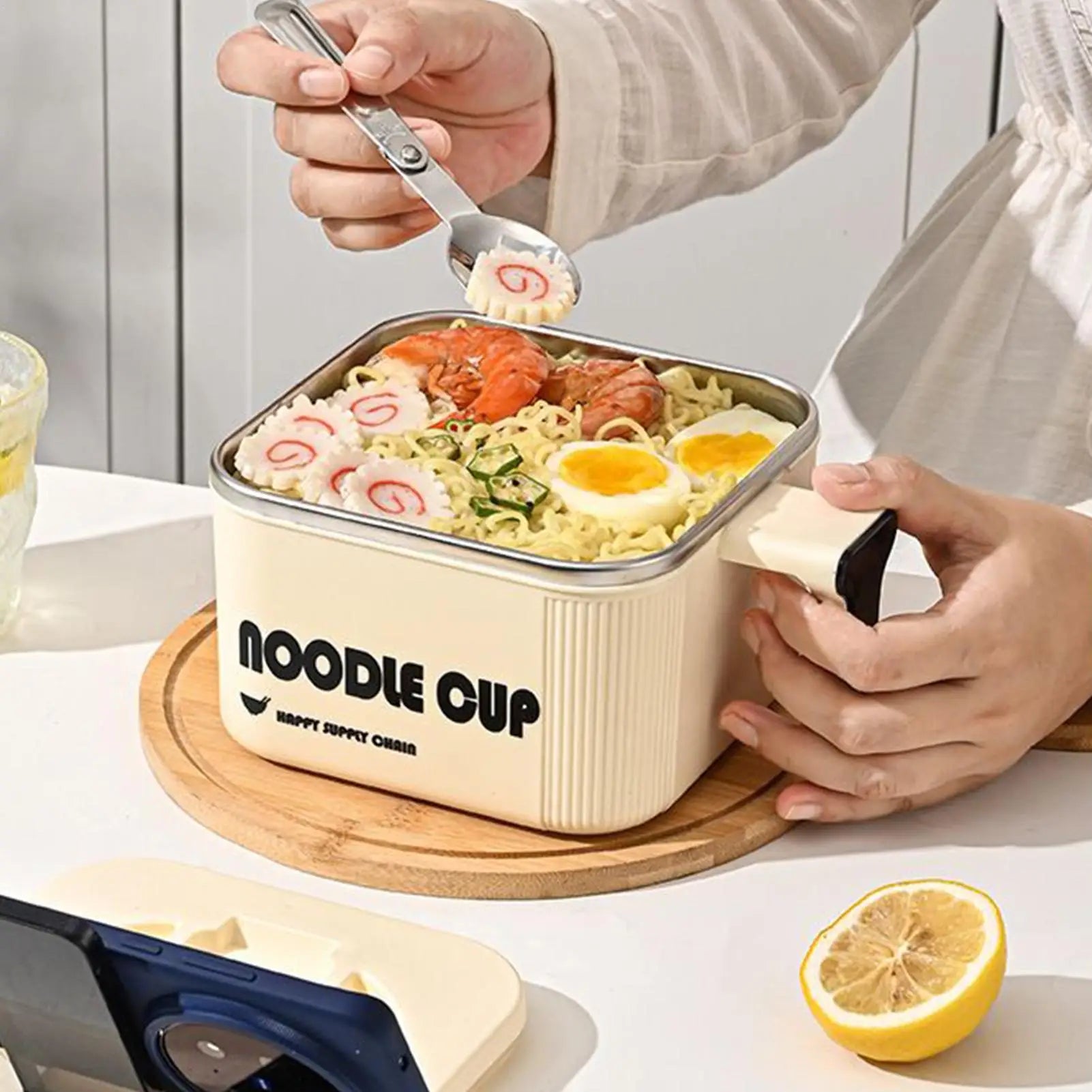 Instant Noodle Bowl Stainless Steel Pot with Spoon Handle Large Noodle Bowl Microwave Pasta Cooker for Cooking Soup Adults Teens Zpaxo