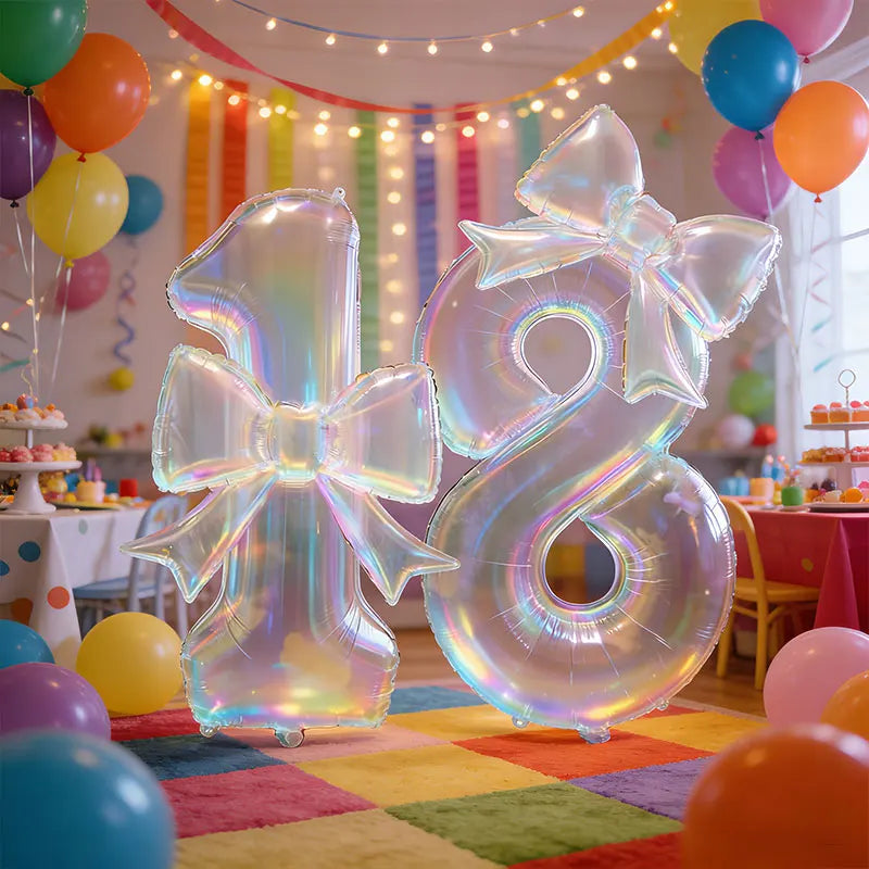 Number 0-9 Foil Balloons Large Iridescent Transparent 24-inch Bow