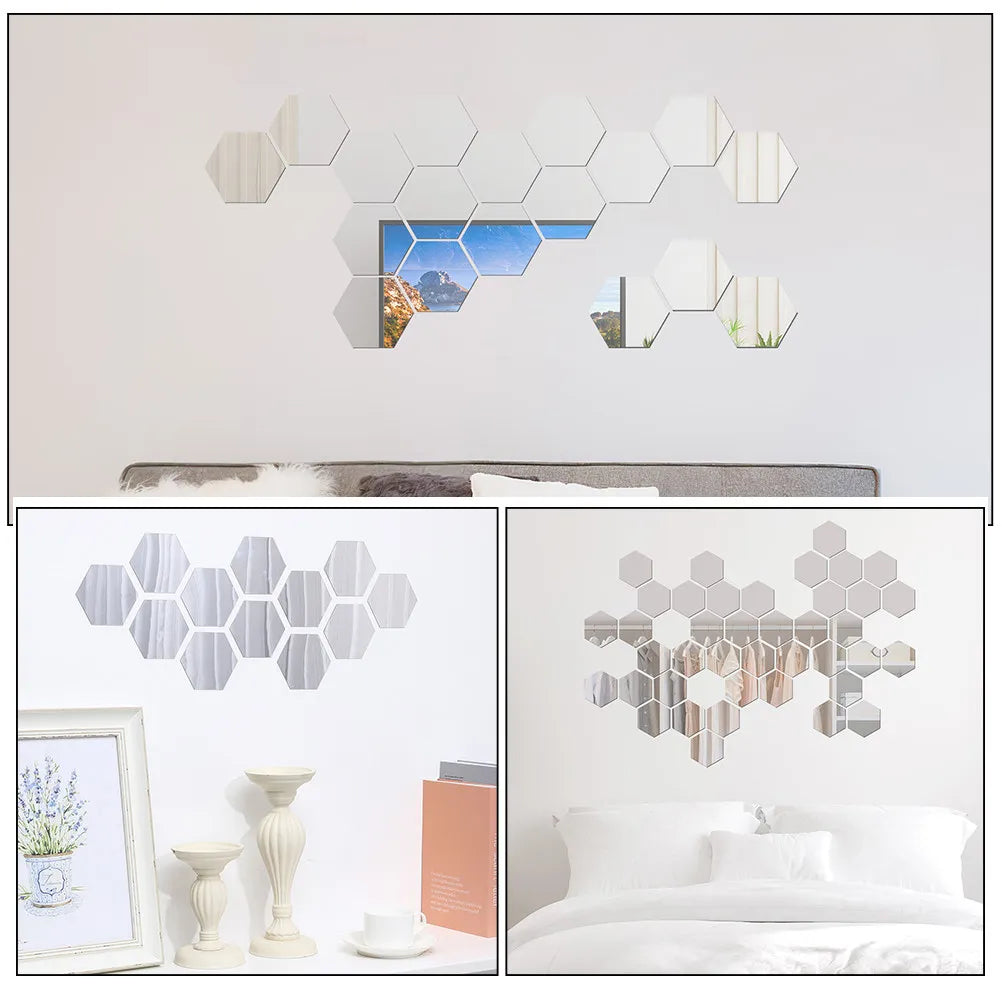 Acrylic Mirror Sticker Self Adhesive Wall Hexagonal Design Bathroom
