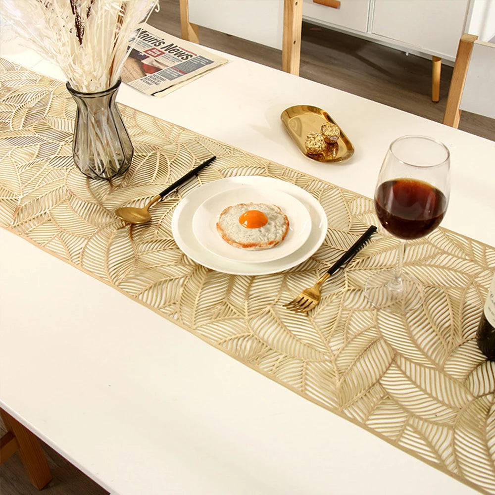 Hollow Leaves Table Runner 35x180 cm/ 14x73 Inch Waterproof Washable Gold Dining Table Runner for Wedding Banquet Party Decor Zpaxo