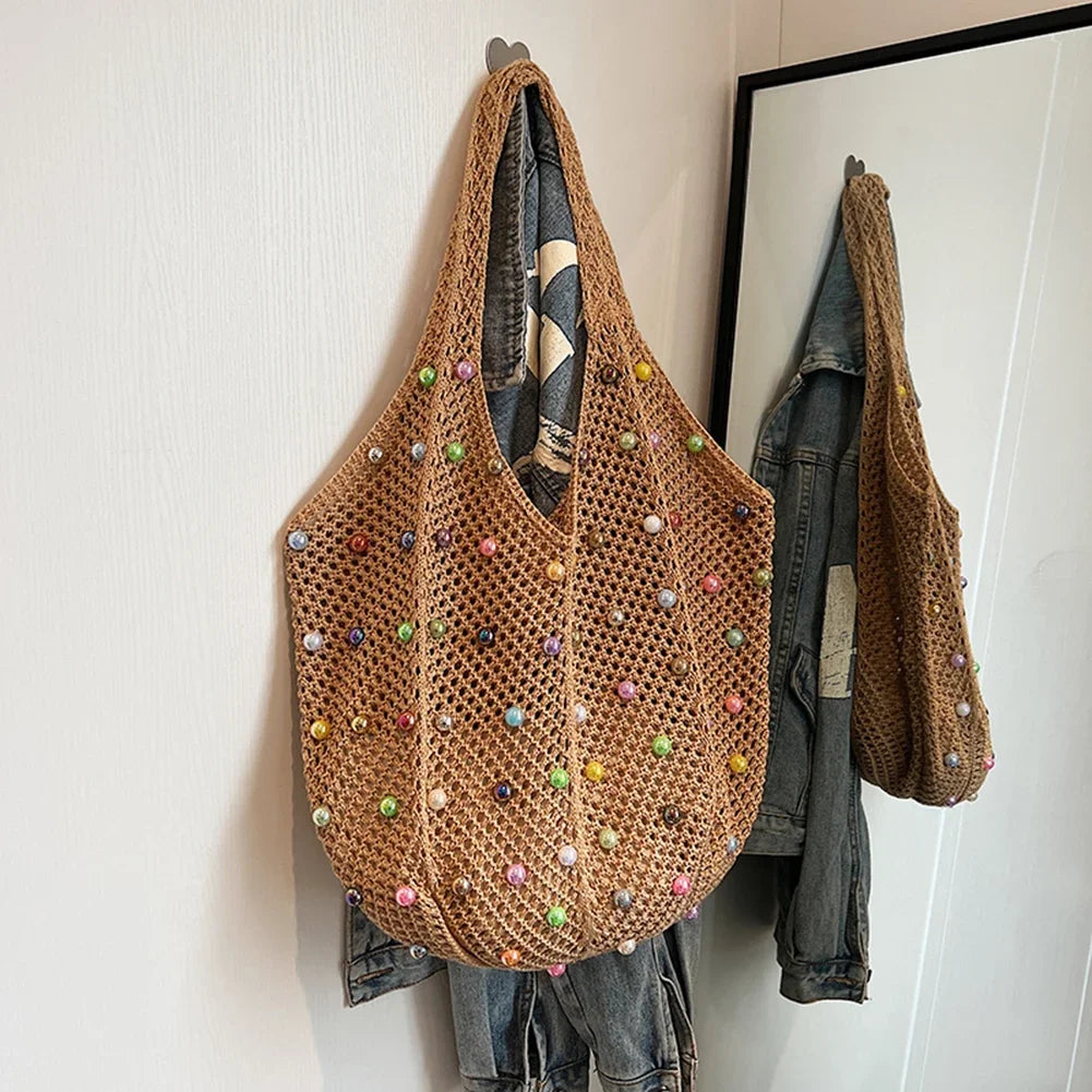 Women Boho Crochet Bag Colored Beads Aesthetic Knit Large Capacity Zpaxo 1pc-Khaki