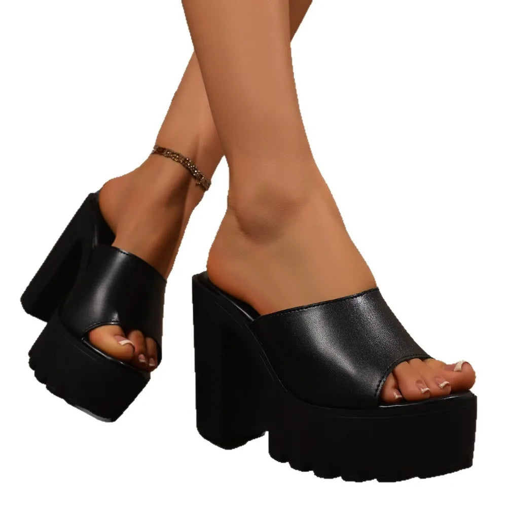 Square Heel Platform Slippers Mules Women Outdoor Slides Peep Toe