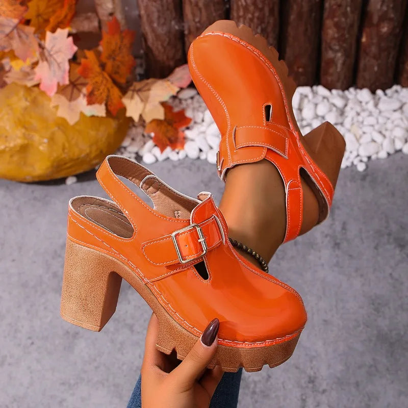Women's Vintage Round Closed Toe Comfortable Heel Sandals Summer Zpaxo Orange 39