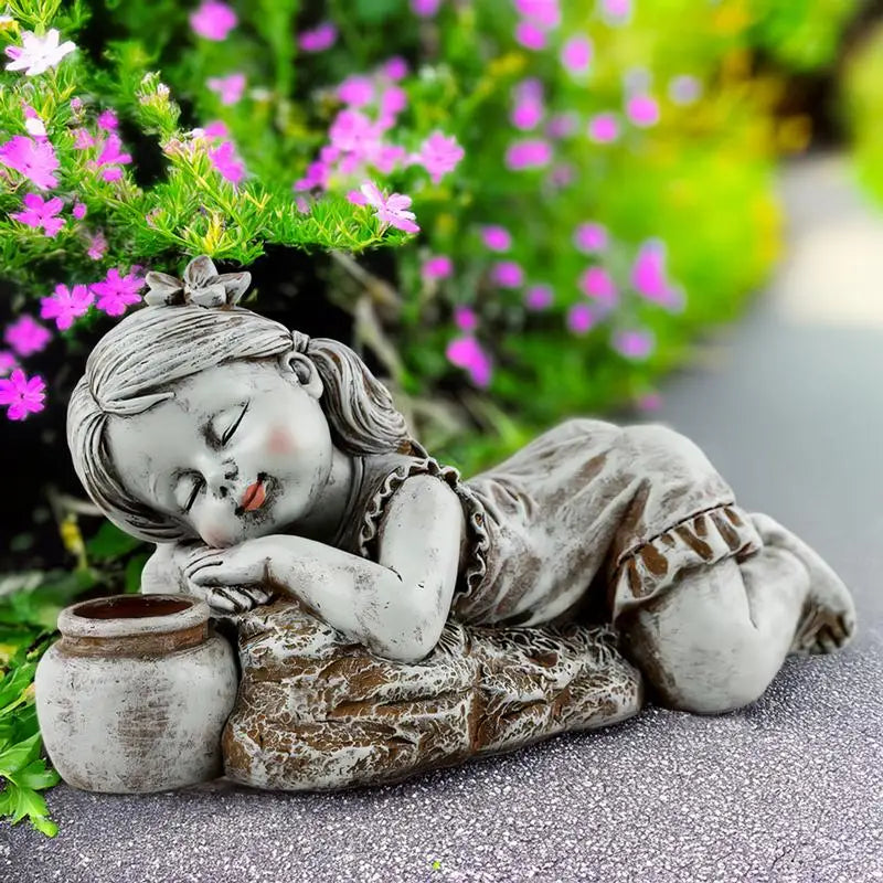 Garden Resin Child Sculpture Cute Little Boy Girl Statue Solar Indoor