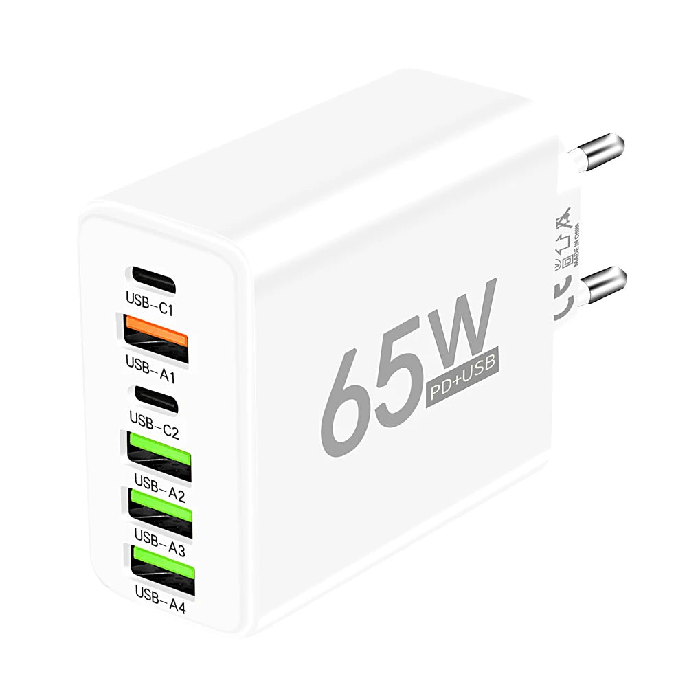 65W 6-Port USB-C PD Fast Wall Charger – iPhone & Android USB Wall Charger Zpaxo EU White
