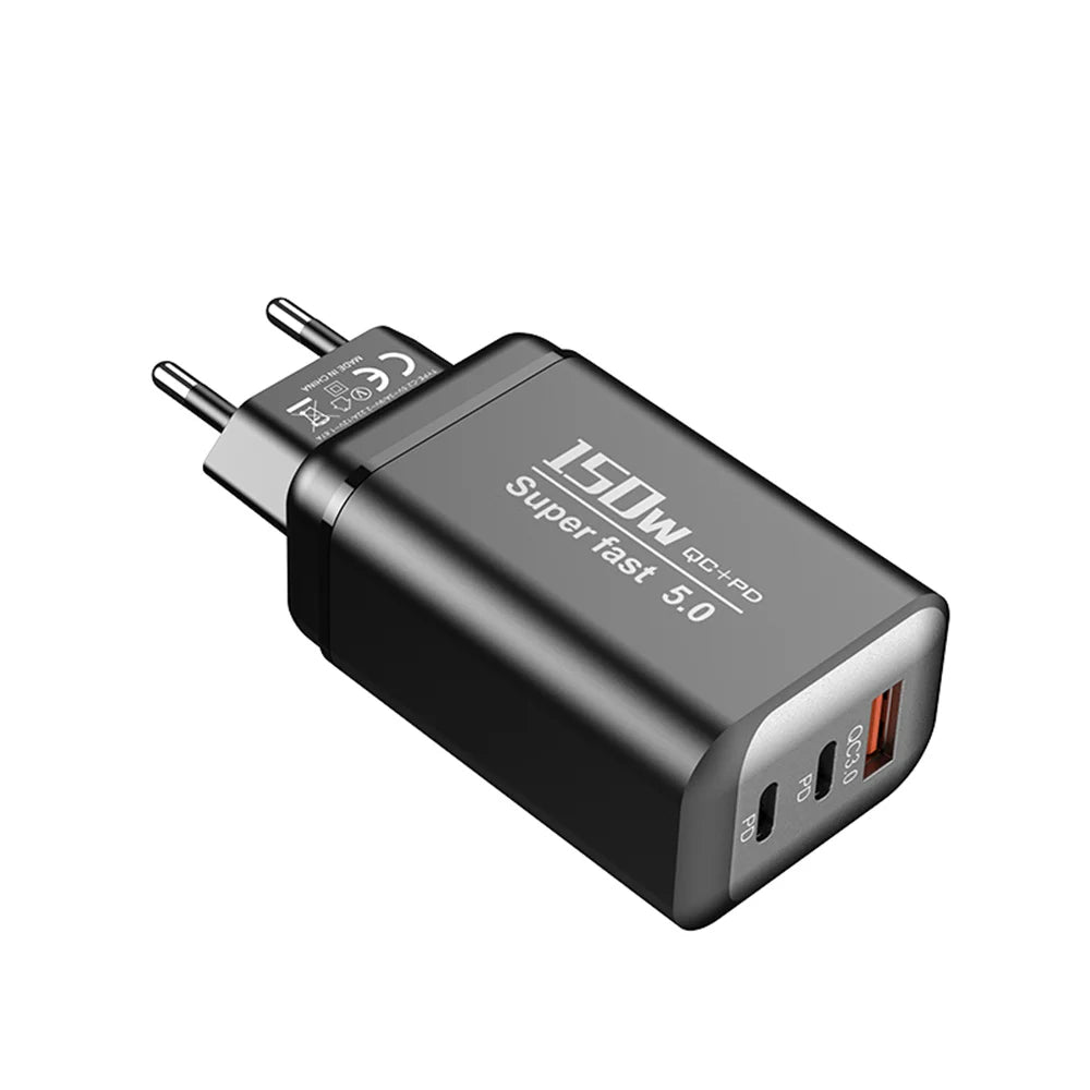150W 3-in-1 USB-C Fast Charger PD QC3.0 | EU UK US Plug USB-C Wall Charger Zpaxo EU Black