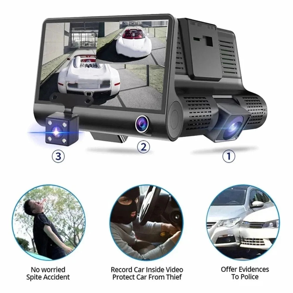 Three Lenses Car Driving Tachograph Front Rear Inside Night Vision HD Zpaxo