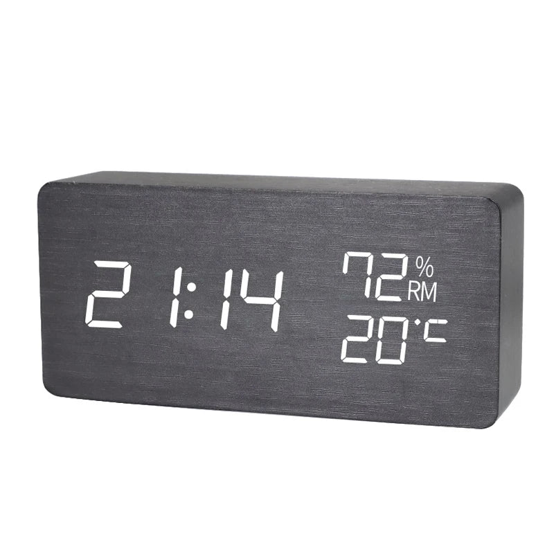 Wooden Temperature Humidity Display Clock Simple LED Silent Desktop