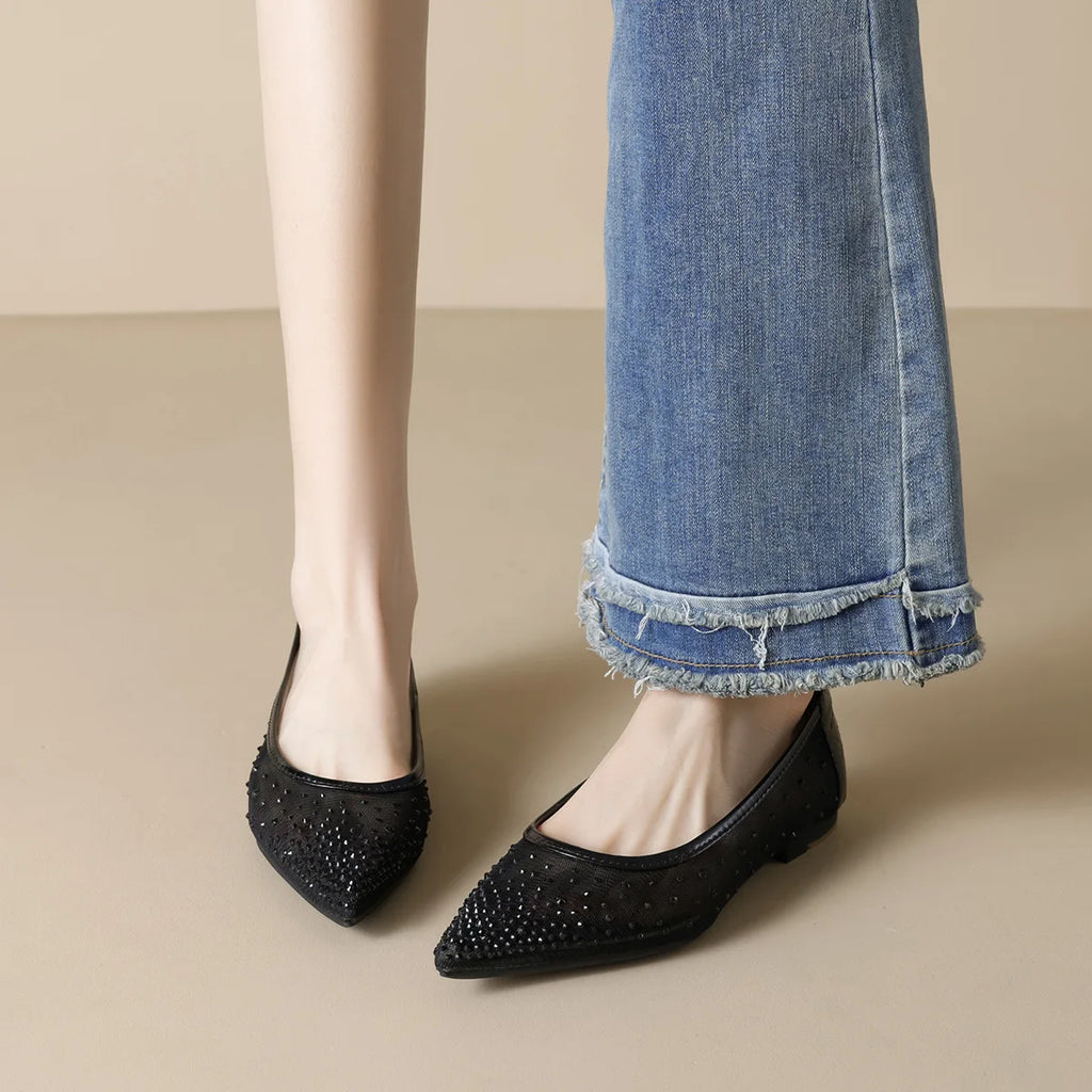 Flat Shoes for Women Spring Autumn 2025 Shallow Casual Women Flat Bottomed Mesh Pointed Toe Rhinestone Plus Size Women's Shoes Zpaxo