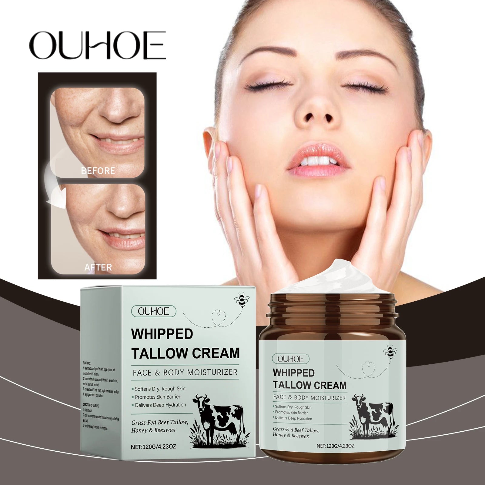 Ouhoe Whipped Tallow Balm Pure Grass Fed Tallow Honey Korean Anti Aging Moisturizer for Deep Hydration and Brightening Whitening Zpaxo