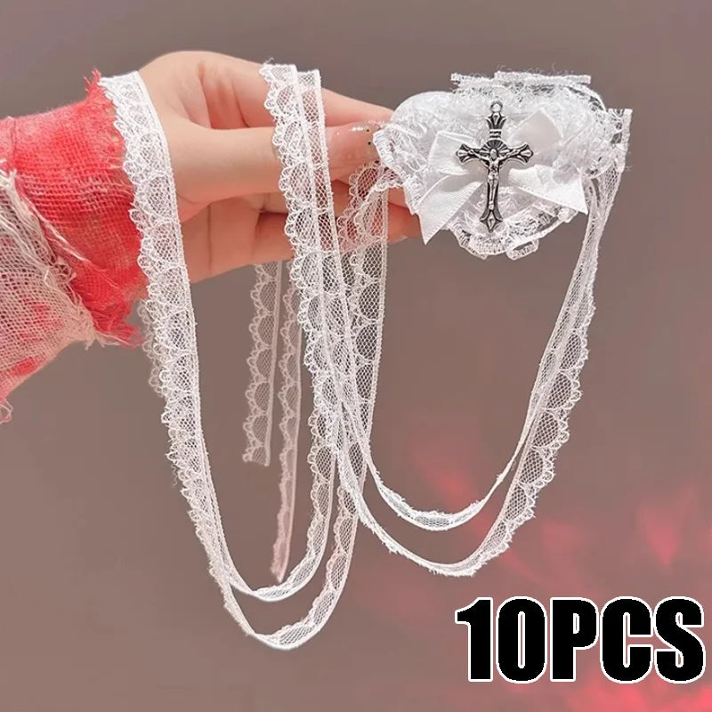 Sweet Edgy Black White Lace Bow Heart Cross Eye Mask Halloween Lolita Zpaxo White-10PCS